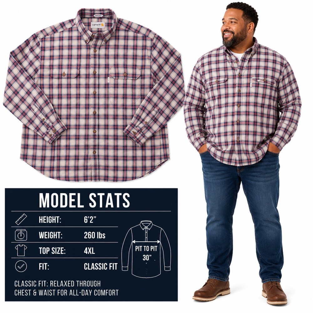Carhartt Mens 4XL Relaxed Fit Plaid Long Sleeve Button Down Work Shirt